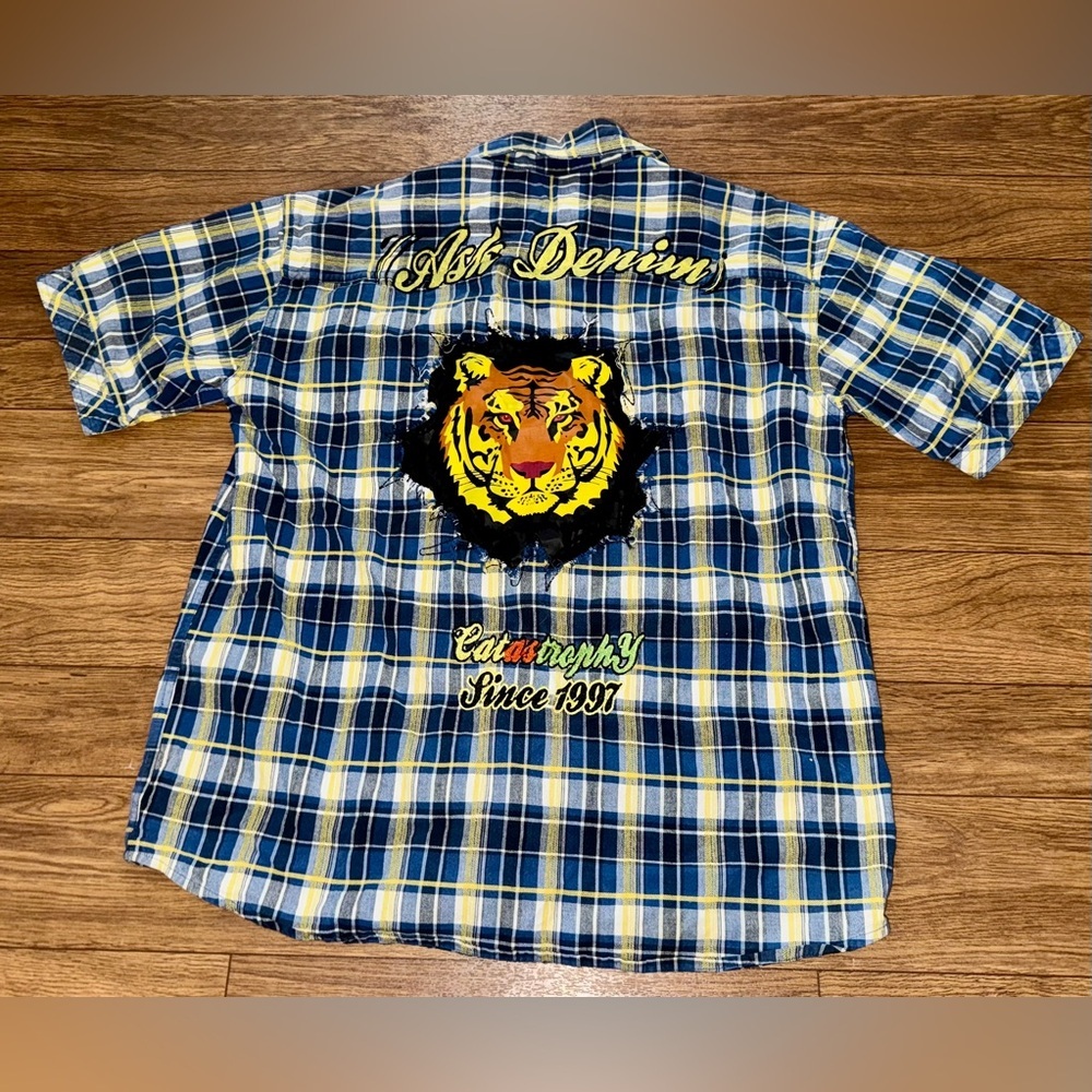 Men’s Ask Denim Catastrophy Since 1997 Shirt Large Plaid Lion